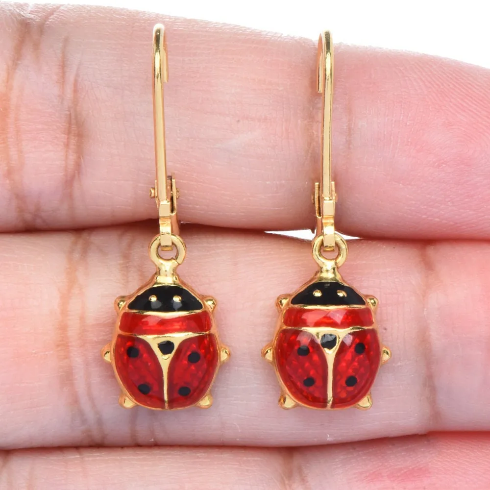 Vintage Italian Yellow Gold and Enamel Ladybug Lever Back Drop Earrings