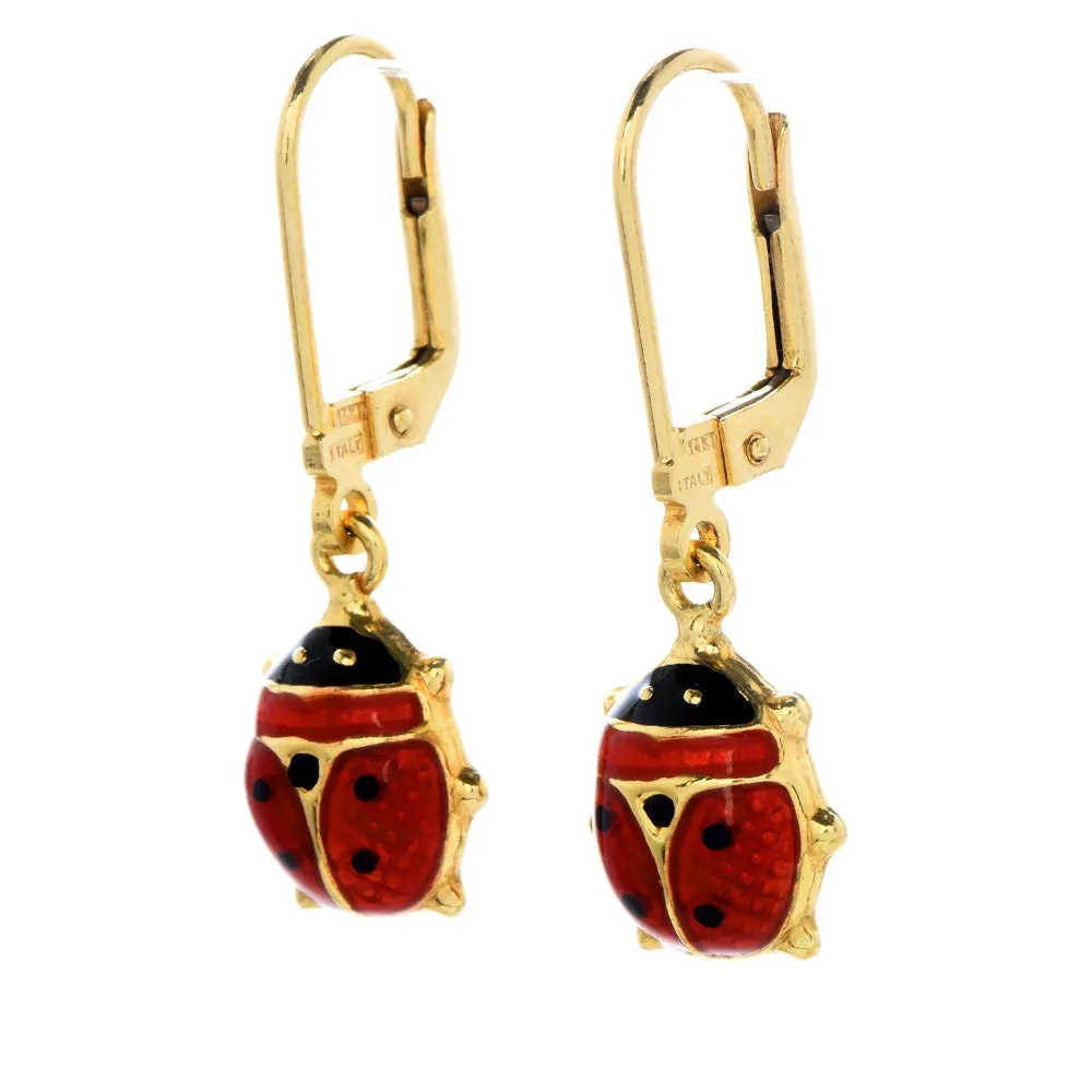 Vintage Italian Yellow Gold and Enamel Ladybug Lever Back Drop Earrings