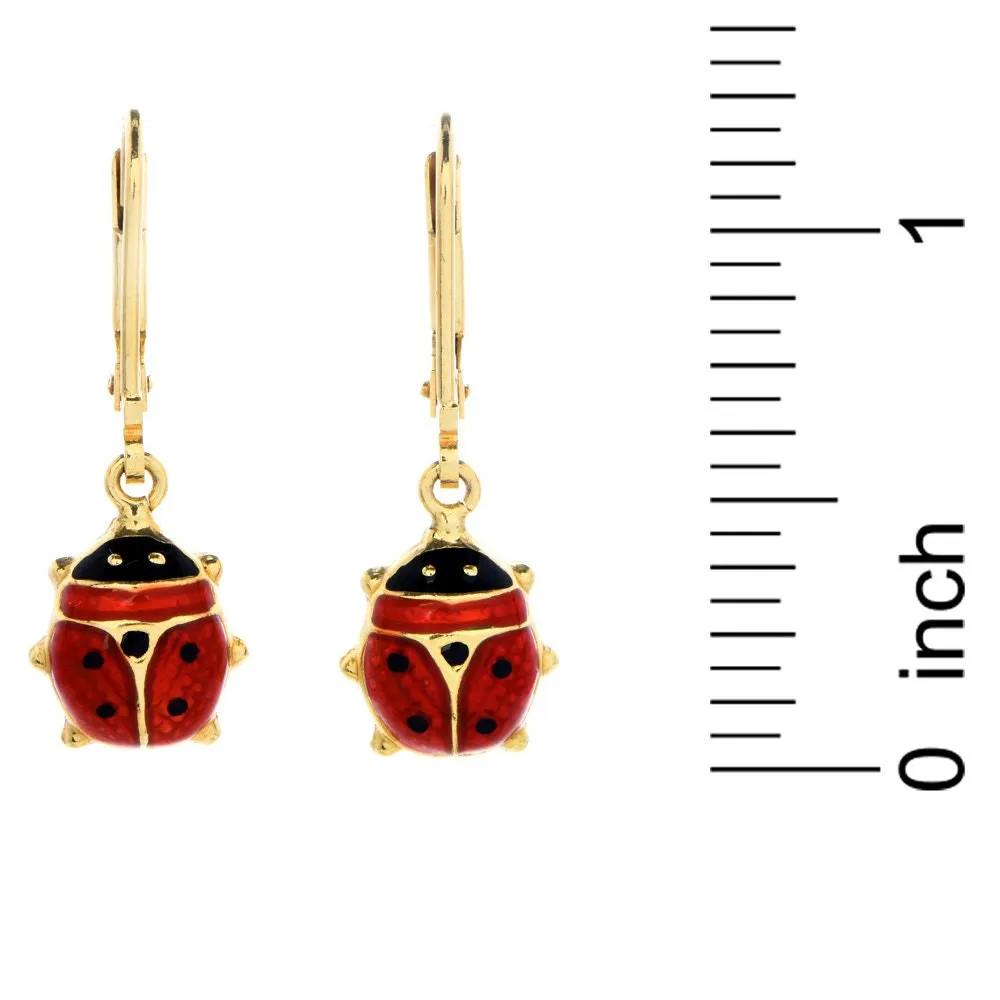 Vintage Italian Yellow Gold and Enamel Ladybug Lever Back Drop Earrings