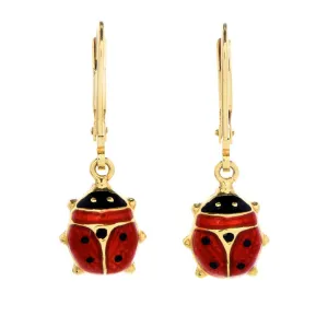 Vintage Italian Yellow Gold and Enamel Ladybug Lever Back Drop Earrings