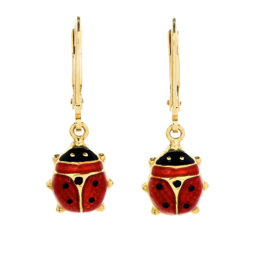 Vintage Italian Yellow Gold and Enamel Ladybug Lever Back Drop Earrings