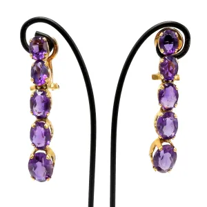 Vintage Oval Amethyst Clip-on Drop Earrings in 18K Yellow Gold