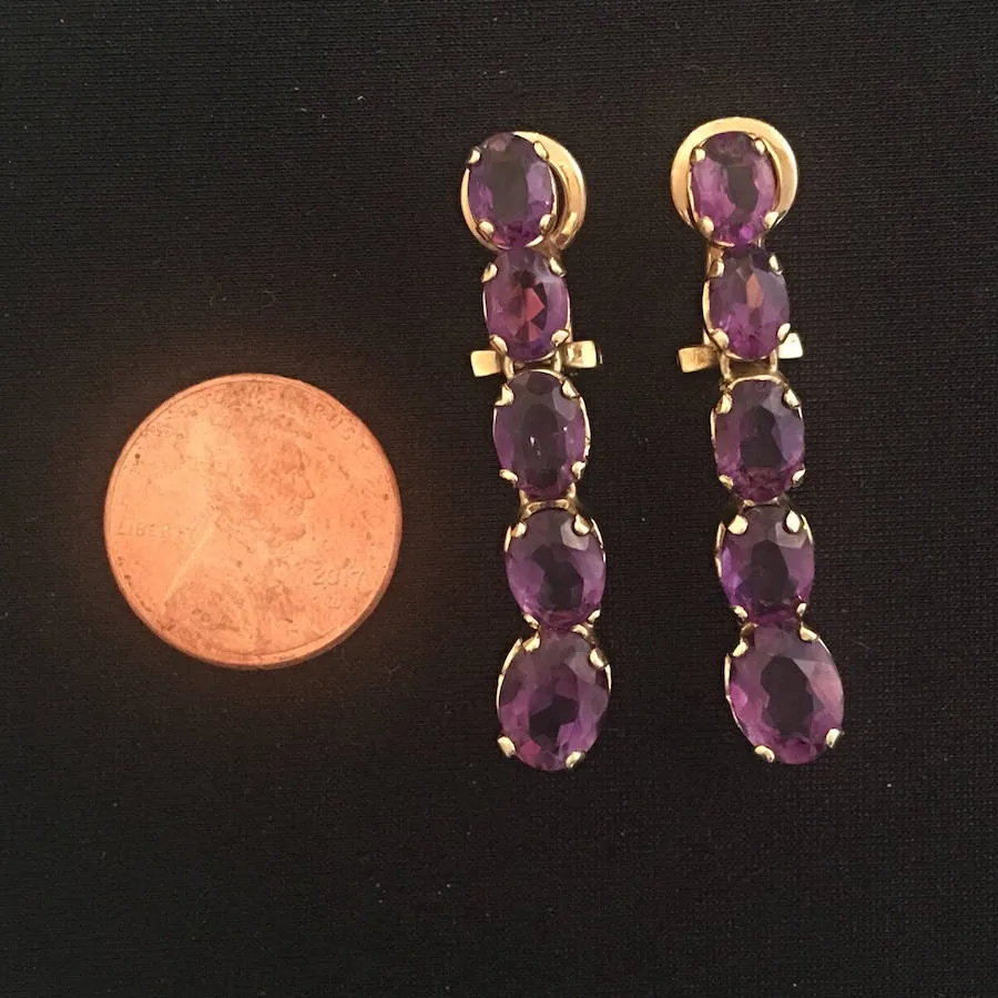 Vintage Oval Amethyst Clip-on Drop Earrings in 18K Yellow Gold
