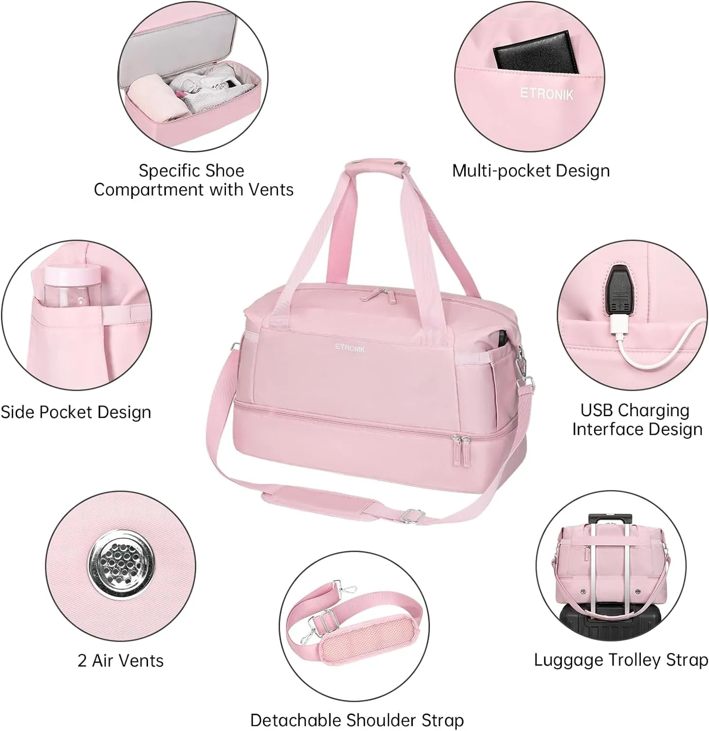 Weekend Travel Bag for Women, Gym Bag With USB Charging Port & Shoes Compartment - Pink