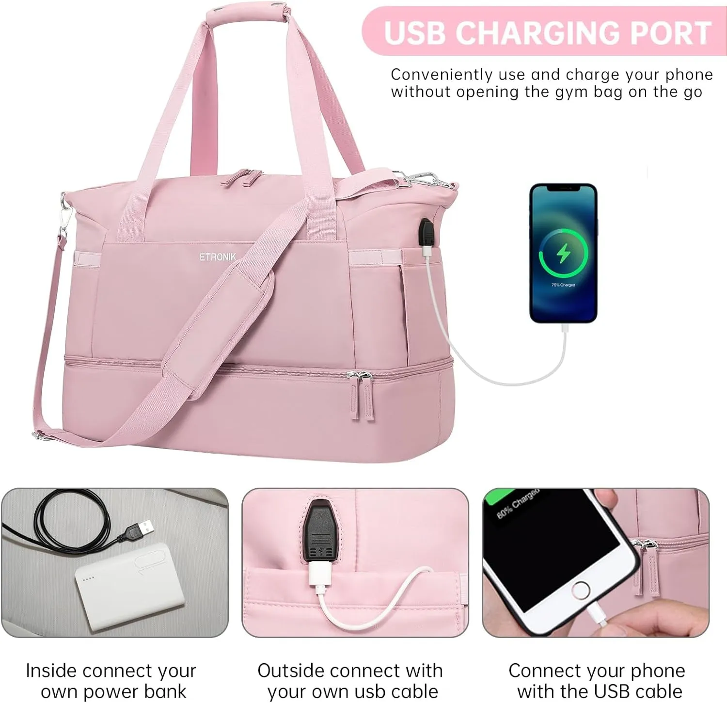 Weekend Travel Bag for Women, Gym Bag With USB Charging Port & Shoes Compartment - Pink