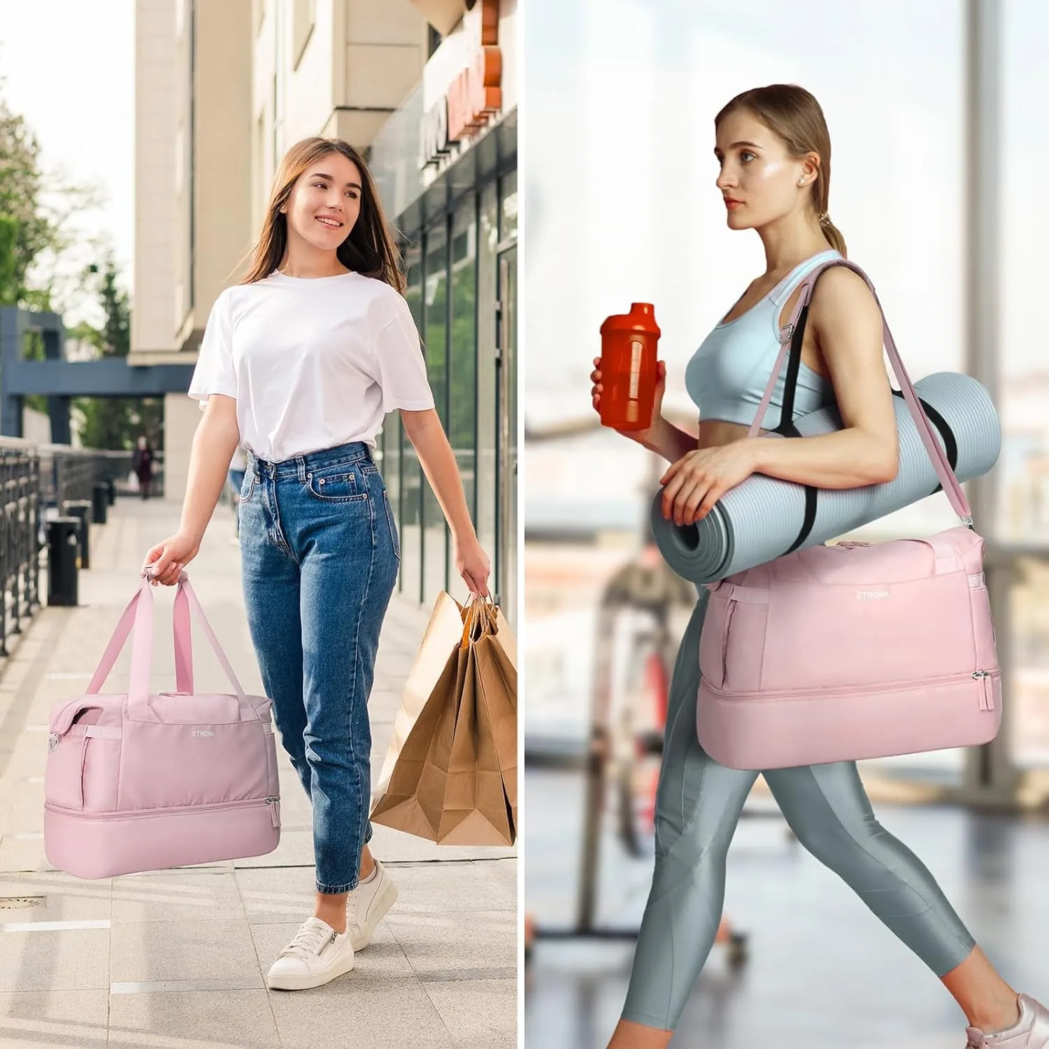Weekend Travel Bag for Women, Gym Bag With USB Charging Port & Shoes Compartment - Pink