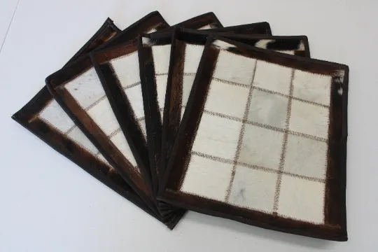 White & Brown Cowhide Placemats 15"x12"- Dinning Table Mats