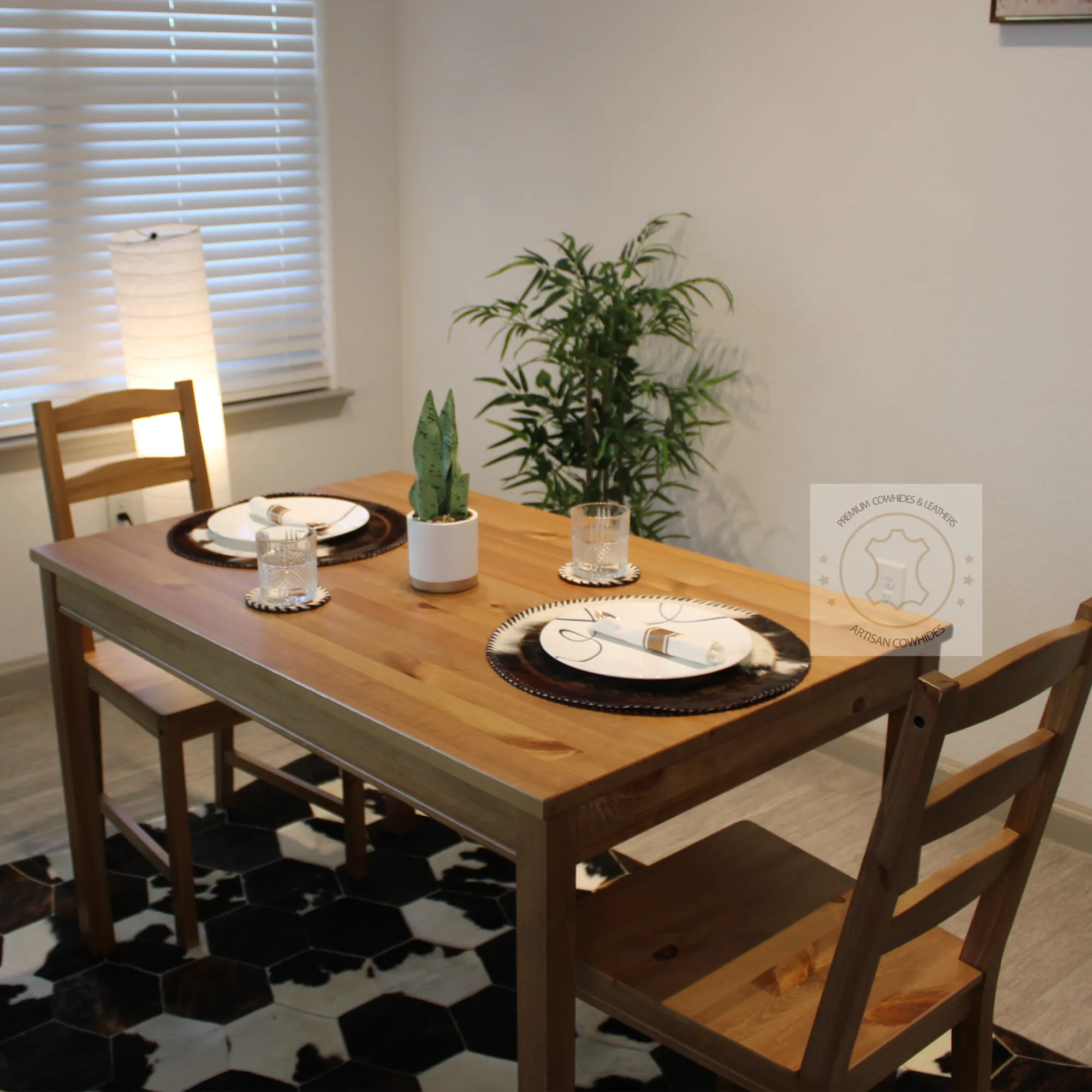 White & Brown Cowhide Placemats 15"x12"- Dinning Table Mats