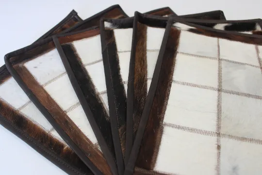White & Brown Cowhide Placemats 15"x12"- Dinning Table Mats