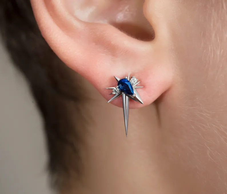 White Gold - Blue Sapphire & Diamond Drop Earrings - Spike Earrings