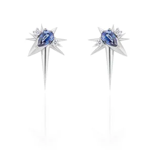 White Gold - Blue Sapphire & Diamond Drop Earrings - Spike Earrings