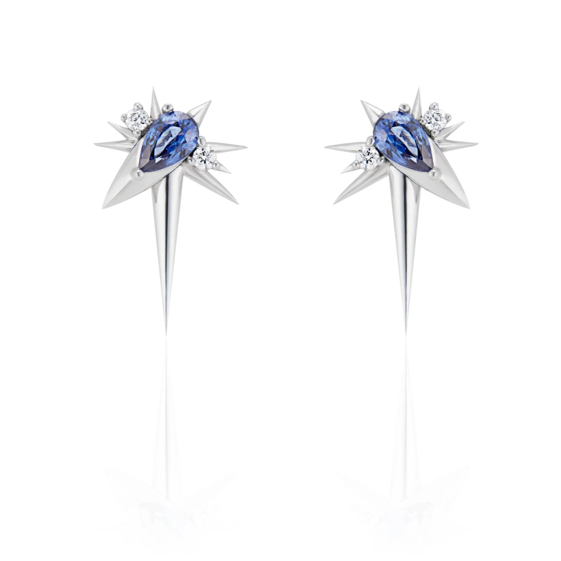 White Gold - Blue Sapphire & Diamond Drop Earrings - Spike Earrings