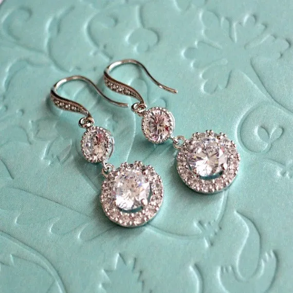 White Gold Halo Clear Long Cubic Zirconia Post Earrings. Round Solitaire Halo Cubic Zirconia Earrings. Bridal Drop Dangle Wedding Earrings.