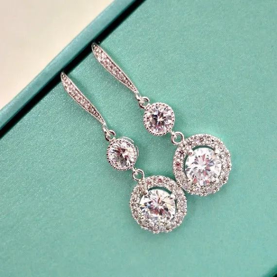 White Gold Halo Clear Long Cubic Zirconia Post Earrings. Round Solitaire Halo Cubic Zirconia Earrings. Bridal Drop Dangle Wedding Earrings.