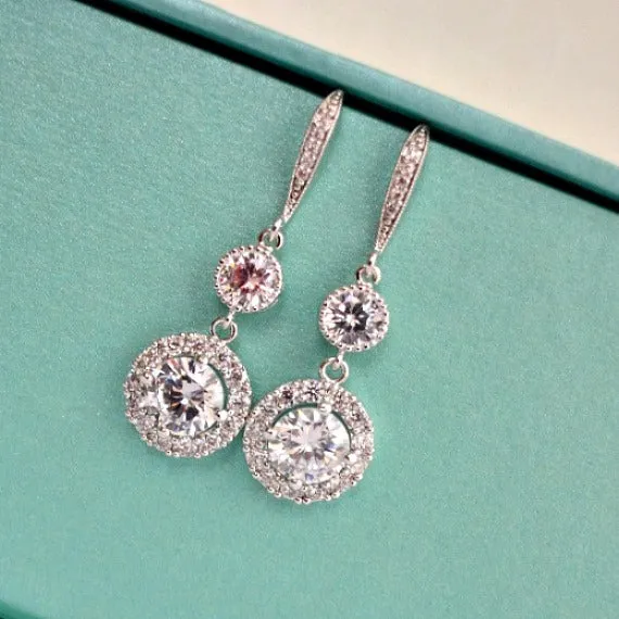 White Gold Halo Clear Long Cubic Zirconia Post Earrings. Round Solitaire Halo Cubic Zirconia Earrings. Bridal Drop Dangle Wedding Earrings.