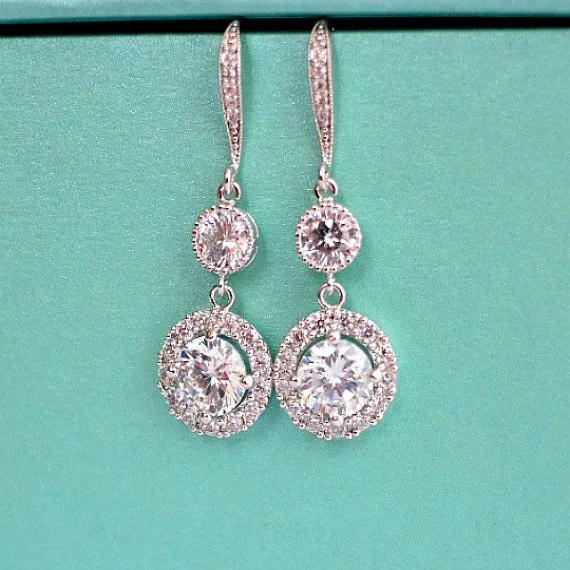 White Gold Halo Clear Long Cubic Zirconia Post Earrings. Round Solitaire Halo Cubic Zirconia Earrings. Bridal Drop Dangle Wedding Earrings.