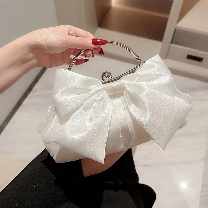 White Satin Bow Fairy Evening Bags Clutch Metal Handle Handbags For Women Wedding Party Bridal Clutches Purse Chain Shoulder Bag