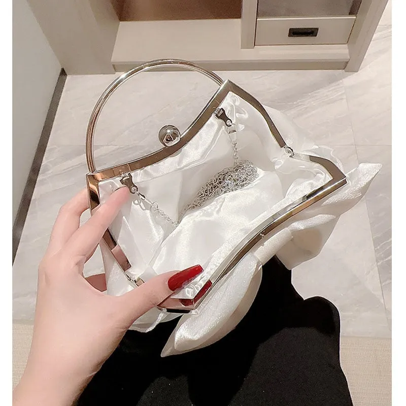 White Satin Bow Fairy Evening Bags Clutch Metal Handle Handbags For Women Wedding Party Bridal Clutches Purse Chain Shoulder Bag