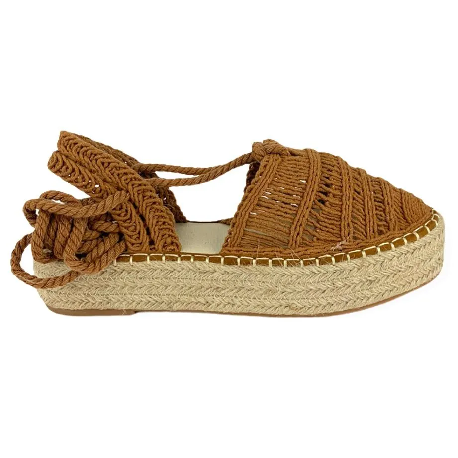 Woven Camel Flatform Lace-up Espadrilles Women's Shoes