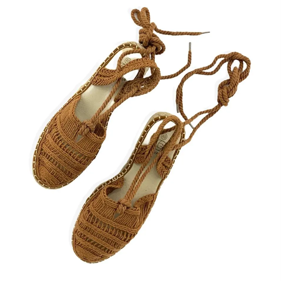 Woven Camel Flatform Lace-up Espadrilles Women's Shoes