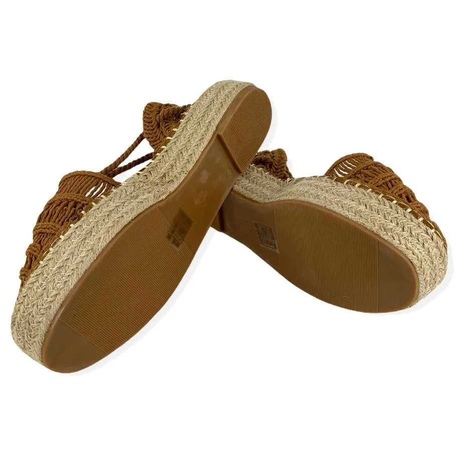 Woven Camel Flatform Lace-up Espadrilles Women's Shoes