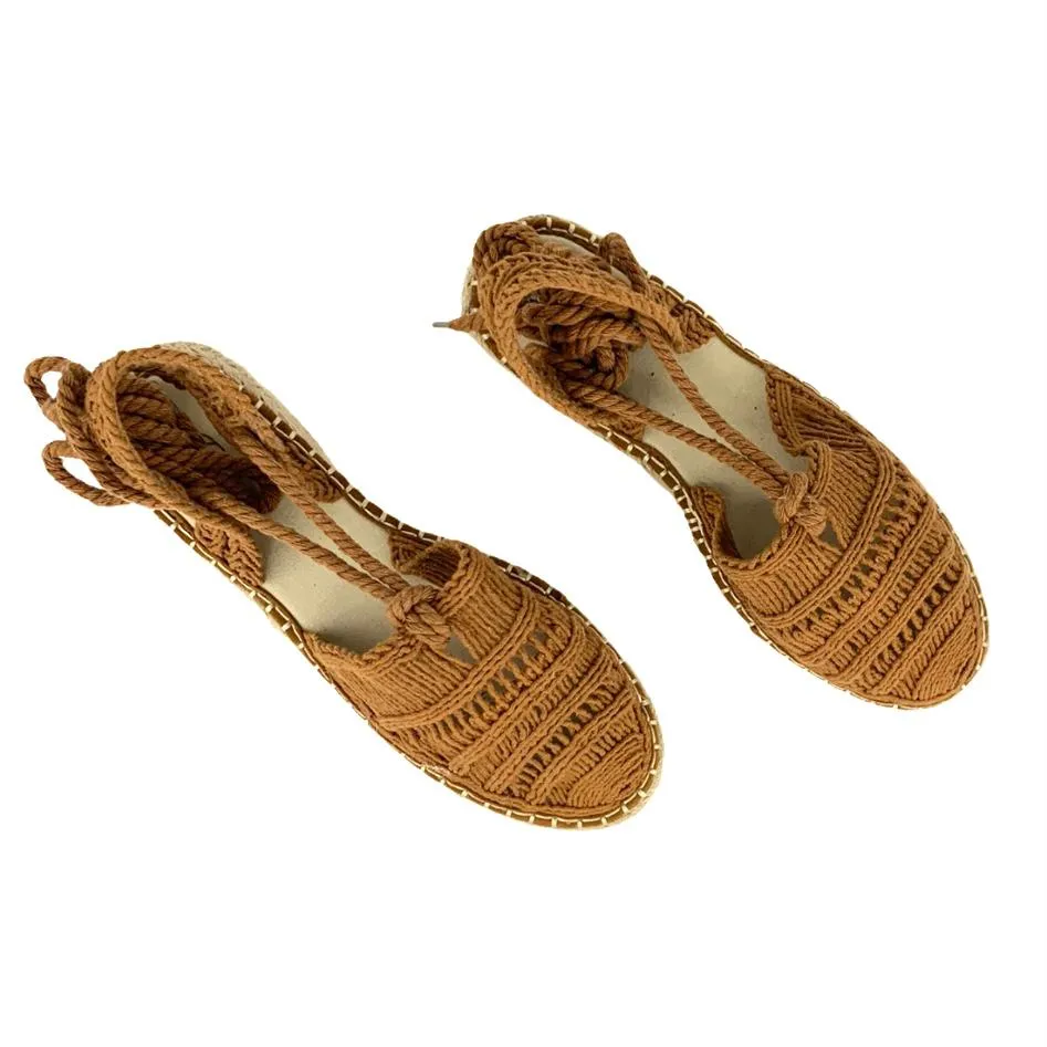 Woven Camel Flatform Lace-up Espadrilles Women's Shoes