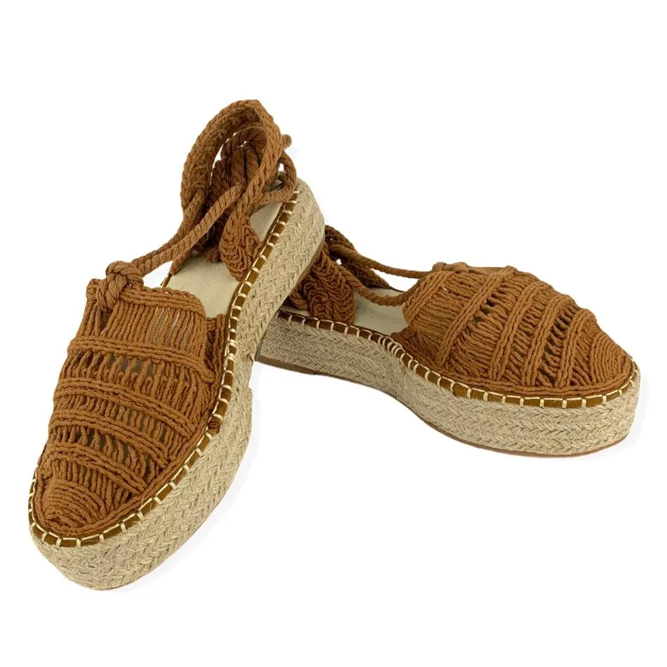 Woven Camel Flatform Lace-up Espadrilles Women's Shoes