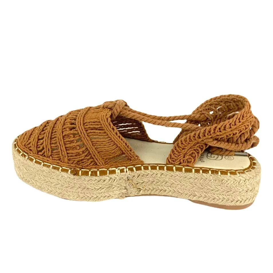 Woven Camel Flatform Lace-up Espadrilles Women's Shoes