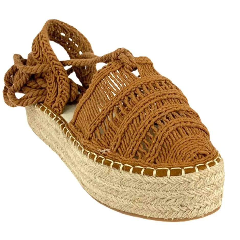 Woven Camel Flatform Lace-up Espadrilles Women's Shoes