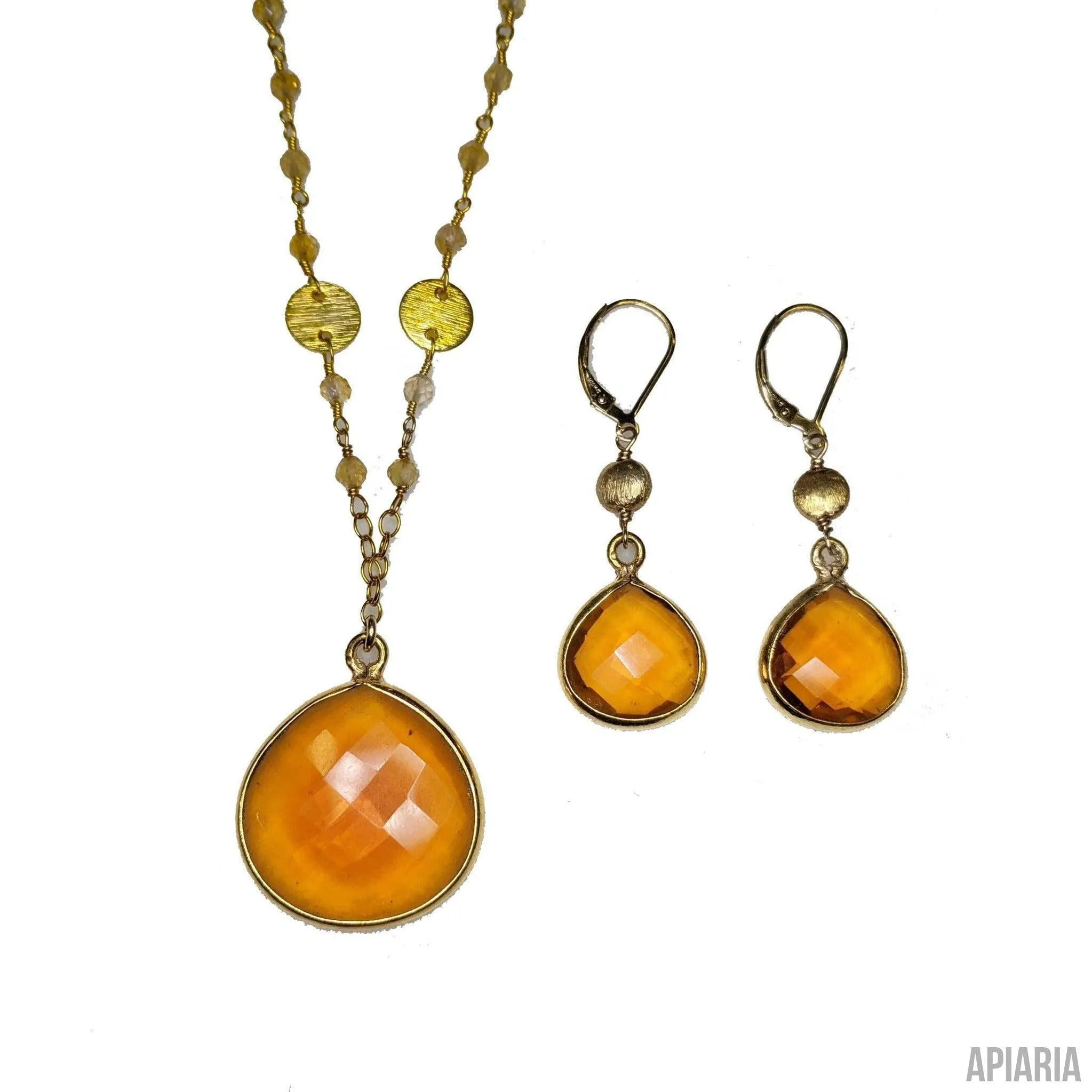 Yellow Citrine Pendant with Matching Earrings