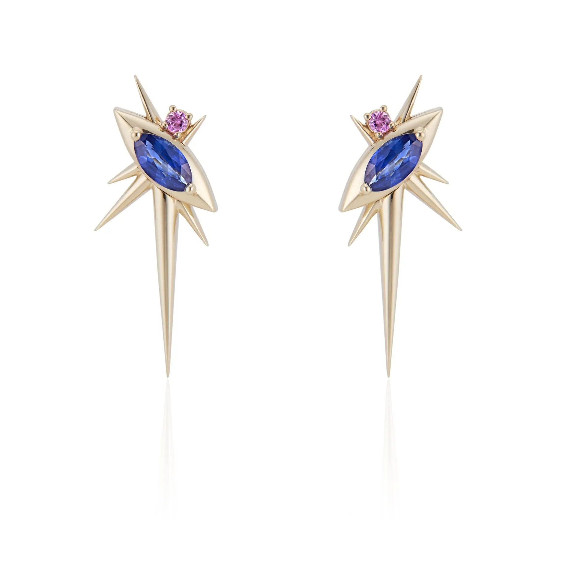 Yellow Gold - Sapphire Drop Earrings - Spike Earrings