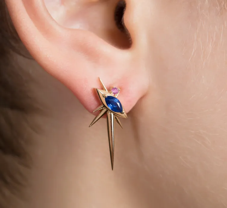 Yellow Gold - Sapphire Drop Earrings - Spike Earrings