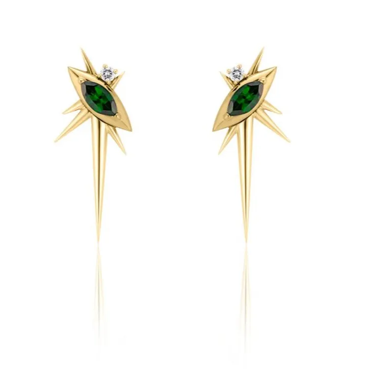 Yellow Gold - Tsavorite And Diamond Drop Earrings - Spike Earrings